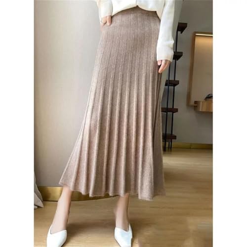 Solid Wool Mid-Length Knitted Skirt Women High Waist A- Line Skirt Large Flounce Um2