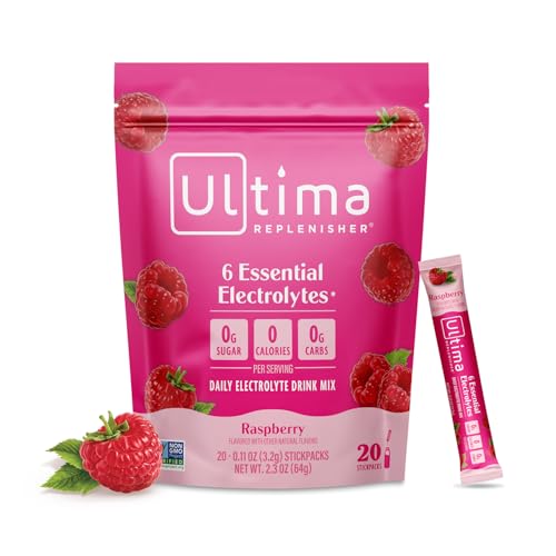 Image of Ultima Replenisher Daily Electrolyte Powder - Raspberry, 20 Stickpacks - Zero Sugar Hydration Packets with 6 Electrolytes and Minerals - Sugar Free, Plant Based & Keto Friendly Drink Mix