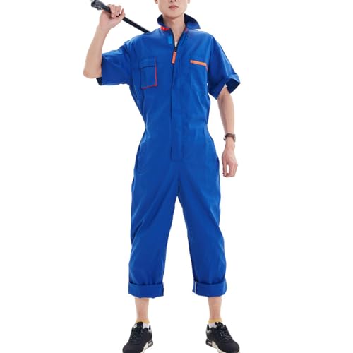 TOVCHEI Combinaison De Travail Légère À Manches Courtes À Séchage Rapide Avec Taille Élastique Et 6 Poches À Outils,Bleu,4XL