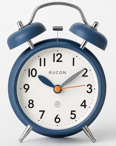 Image of RUCON Table Analog Clock Alarm Super Loud for Heavy Sleepers Retro Twin Bell Metal Frame Clock with Night Backlight Function Bedside Luminous Alarm for Bedroom /Office (Dark Blue)