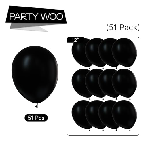 Image of PartyWoo Black Balloons, 51 pcs 12 Inch Matte Black Balloons, Black Balloons for Balloon Garland or Balloon Arch as Party Decorations, Birthday Decorations, Retirement Party Decorations, Black-Y18