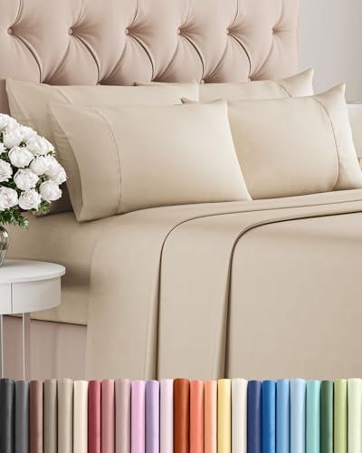 Image of Cal King 6 Piece Bed Sheet Set - Comfy, Breathable & Cooling Sheets - Wheat | Ultra-Soft Hotel Luxury Bedding Set with 8-16 Inch Deep Pockets, 1 Flat & 1 Fitted Sheet & 4 Pillowcases, Wrinkle & Fade Free
