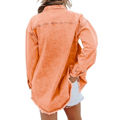 Womens Oversized Denim Jacket Casual Frayed Hem Long Sleeve Jackets Button Down Shacket Distressed Jean Jacket3