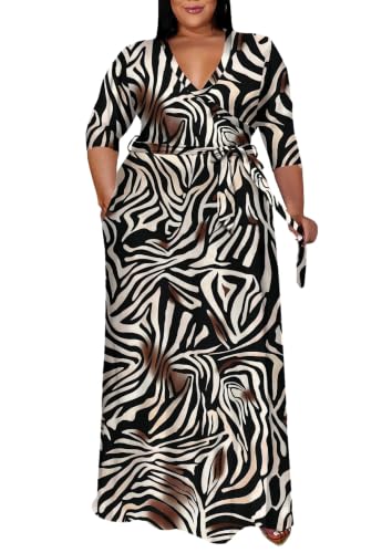 Image of Runwind Plus Size Wrap Dress for Women, Maxi A-Line Dresses with Belt | Versatile maxi for weddings church holiday parties, 3 /4 Sleeve V-neck with pcckets, soft stretchy fabric, 1X-6X