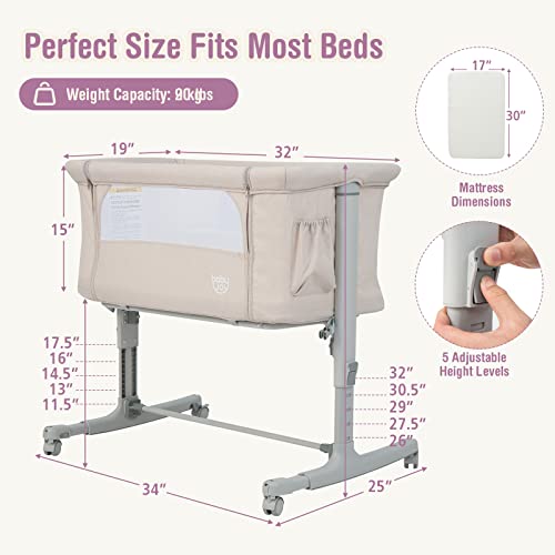 Glacer 3 In 1 Baby Bassinet, Portable Bedside Sleeper W/ Cradle Mode, Removable Mattress, Adjustable Height, Storage Pockets & Lockable Wheels, Newborn Infant Travel Crib Bed W/ Carry Bag, Beige #TOP6