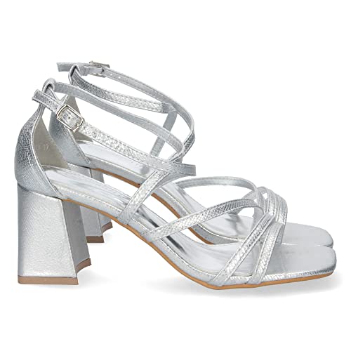 shoes&blues.es 71405-Sandalia de Tacon para Mujer, Comoda, con Palas Finas Cruzadas, y Cierre de Hebilla, Primavera Verano 2023. Talla 38 Plata