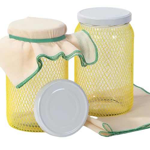 myFERMENTS - Tarros Grandes de Cristal con Tapa | Botes de Boca Ancha de 2L | Incluye 2 Muselinas de Algodón y 2 Gomas | Ideal para Kombucha, Kefir y Conservas | Incoloro, Vidrio