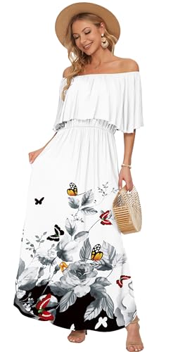 Image of AUSELILY Womens Off Shoulder Ruffle Split Summer Maxi Dresses with Pockets | Off-shoulder Ruffle dress with empire waist & side split for summer beach and casual parties
