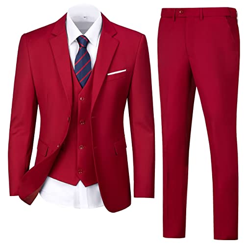 Mens Suit Slim Fit 3 Piece Suit Blazer Vest Pants Set Wedding Suit Mens Business Formal Men Suit Set Prom Solid Homecoming Suits Men Two Button Mens Tuxedos Light Burgundy M #TOP11
