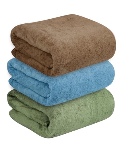 Image of Dribble Coral Fleece Weft Knitting 400gsm Bath Towel 70 x140cm | Ultra Soft, Quick Dry, Highly Absorbent | Lightweight & Skin-Friendly Towel for Bathroom, Gym & Travel, (Brown /Blue /Green, Pack of 3)
