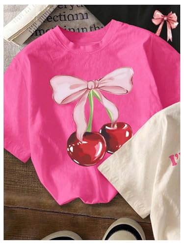 Image of SHENHE Girl's 3 Pack Cute Graphic Tees Cherry Bow Print Aesthetic Short Sleeve Shirt Tops