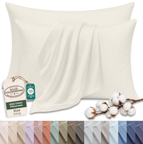 Image of Royale Linens 100% Cotton Pillow Cases King Size Set of 2 - Percale Pillowcase - Sand Pillow Cases Super Soft Cooling & Breathable Hotel Cotton Pillowcases, Fits King Pillows (20 inchx40 inch, Sand)