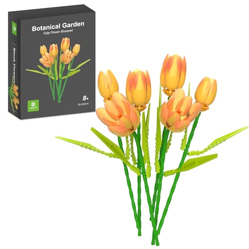Image of ZONECYTD Flower Bouquet Building Toy Set Tulips Artificial Flowers, Plant Botanical Building Blocks for Adults Home Office Decor Compatible with Lego Orange Color