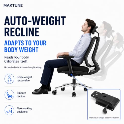 Image of MAKTUNE Flex High Back Ergonomic Office Chair for Work | Adaptive Dual-Frame Mesh Back, Auto-Weight 90-135 Recline, 3D Armrests, Adjustable Headrest, Aluminium Base, Tested 200 kg