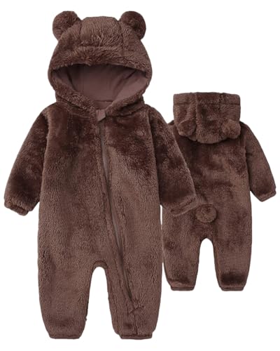 Image of CHAOJIESI Baby Snowsuit Bear Ear Hooded Jumpsuit Fleece Romper Zipper Winter Coat Outfits