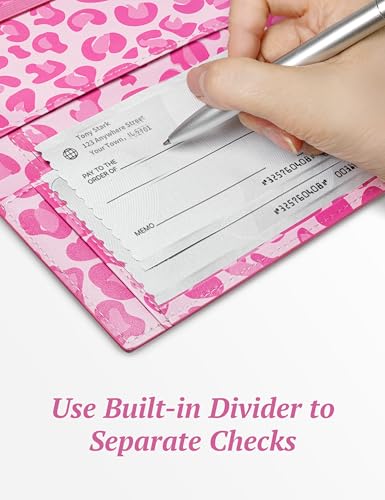Image of Yarnic Checkbook for Personal Checkbook Holder (Pink Leopard) | Check Book Covers with Pen Holder & Built-in Clear Plastic Divider for Duplicate Checks