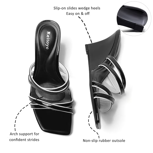 Reitoye Womens Wedge Black Sandals Square Open Toe Wedge Heeled Sandals,8.5 - image 4
