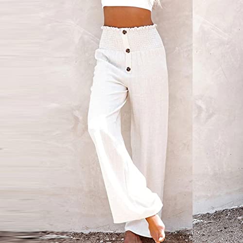 Linen Pants Women Summer Beach Casual Loose Wide Leg Pants for Women Elastic Waist Palazzo Pants Trousers with Pockets2