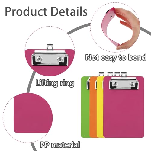 4 Stuck Klemmbrett A6,Kunststoff Klemmbrett Klein,Mit Gummierter Metalklemme und Aufhängeose,Tragbar,Klemmbretter für Büro Werkstatt Küche- 15x10cm(Orange,Rot,Gelb,Grün)