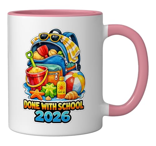 Done With School 2026 Beach Vacation Graduation Summer Break Ceramic Mug, Pink/White