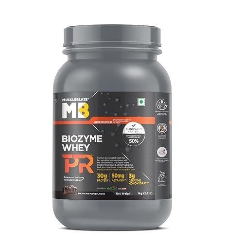MuscleBlaze Biozyme Whey Protein PR Powder with 30g Protein, 3g Creatine Monohydrate & 50mg AstraGin (Chocolate Fudge, 1kg / 2.2lbs) | Trustified Gold Certified MuscleBlaze Biozyme Whey Protein PR Powder with 30g Protein, 3g Creatine Monohydrate & 50mg AstraGin (Chocolate Fudge, 1kg / 2.2lbs) | Trustified Gold Certified
