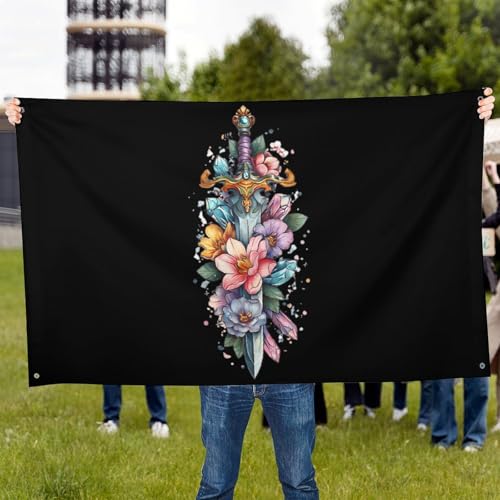 Bandera de jardín con espada y flores decoración exterior para patios 7