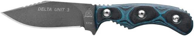 Tops Knives Delta Unit 3 Full Tang Fixed Blade - Tactical Blade Finish- Black Kydex Sheath w/Rotating Spring Steel Clip (Blue/Black G10 Handle)