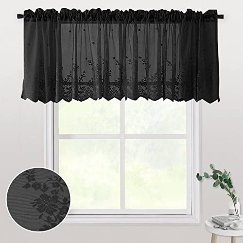 WUBODTI Black Lace Sheer Window Valance Curtains Floral Embroidered Valances for Kitchen Windows Rod Pocket Window Treatments Drapes and Curtains for Bedroom Nursery Living Room,52x16 Inch