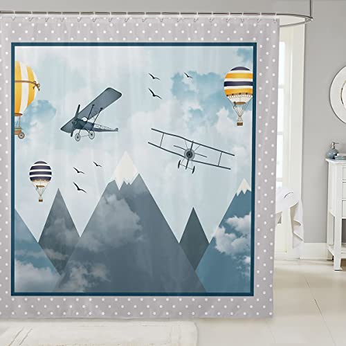 Cortina de ducha de avión de dibujos animados para niños, cortina de baño para niños, adolescentes, decoración de habitación, gris, azul marino, rayas geométricas, cortina impermeable de paisaje de