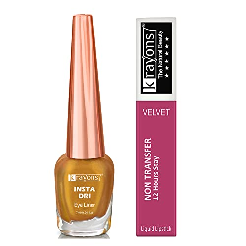 Image of Krayons Insta Dri Sparkling Eyeliner, Golden, 7ml And Power Stay Nontransfer 12hrs Stay Matte Liquid Lipstick, Pink Glam, 4ml