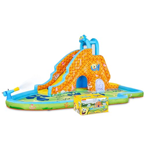 SUNNY & FUN Spongebob Deluxe Inflatable Water Slide Park - Heavy-Duty for Outdoor Fun - Climbing Wall - Easy to Set Up