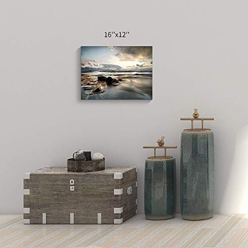 Beach Picture Canvas Wall Art: Rocky Wave Artwork Sunset Painting Seascape Print For Office (16'' X 12'' X 1 Panel) #TOP1