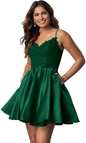 Short Lace Beaded Homecoming Dresses Spaghetti Straps Satin Evening Prom Gown with Pockets Emerald Green 2