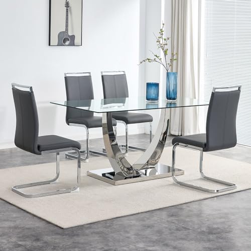 63” Glass Dining Table Set for 4,Modern Dining Room Table Set for 4, Kitchen Table and PU Leather Chairs, Dinner Table with Rectangle Tempered Glass Top and Chrome Silver Base