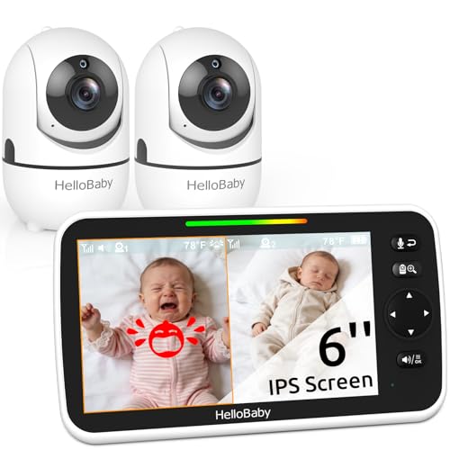HelloBaby Baby Monitor with 2 Cameras, 6' World First Split Screen, No WiFi, 30H Battery, 355° Pan-Tilt-Zoom, Night Vision, VOX, 8 Lullabies, Temperature Alert, 1000ft Range, Portable for Travel