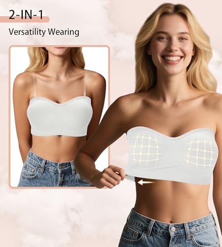 Strapless Bras for Women - Seamless Non-Slip Wireless Pad Bralette Clear Straps Tube Top Summer Bandeau Bra Pack3