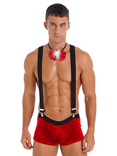 MSemis Herren Weihnachtskostüm Sexy Mankini Tiefer V-förmiger Bodysuit mit Hosenträgern Fliege Samt Boxershorts Weihnachten Unterwäsche Dessous...