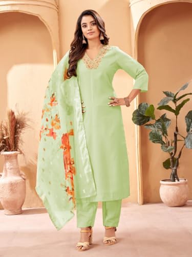 Image of SHIENZY Cotton Blend Embroidered V Neck Kurta Set for Women | Straight Fit Kurta with Pants & Dupatta | Casual Office Wear Ethnic Kurti for Women