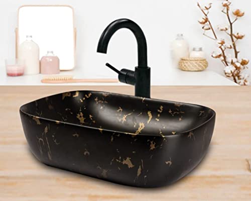 NEXIS Designer Ceramic Wash Basin For Bathroom | Over Counter Bathroom Basin | Counter Top Bathroom Sink | Wash Basin For Restaurant, Hotel (Gold-Black-Glossy, 18 x 13 x 5.5 Inch) (B0BVG1CSYR) Amazon Price History, Amazon Price Tracker