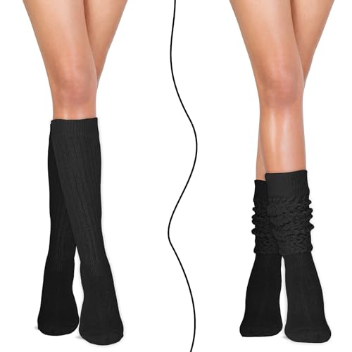 2 Pairs Women's Slouch Socks Warm Scrunchie Socks Heavy Knitted Boot Sock Extra Long Stacked Socks Size 9 to 11 (Black)4