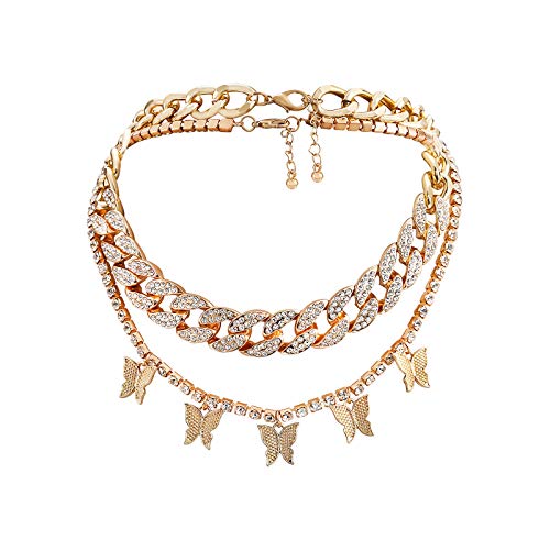 Nanafast Cuban Link Chain Butterfly Necklace Iced Out Zirconia Butterfly Pendant Hip Hop Choker Layered Necklace for Women Girls-Gold-cuban+tennis