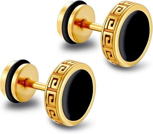 modeva "elevate your essence" Men'S Gold Plated Stainless Steel Stud Earrings, Black Round Design with Greek Key Pattern, 2 Pairs-picture-20