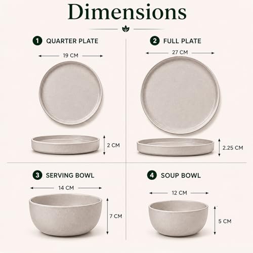 Image of MARKET 99 Minto Beige Melamine Dinner Set 14 Pieces, Matte Round Dinnerware with 6 Full Plates, 6 Quarter Plates, 6 Soup Bowls & 2 Serving Bowls, Food Safe & Refrigerator Safe