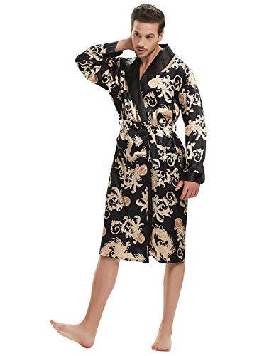 Haseil Men's Satin Robe Dragon Chinese Silk Spa Long Sleeve House Kimono Bathrobe, Black, Tagsize2XL=USsizeL - Thumbnail 7