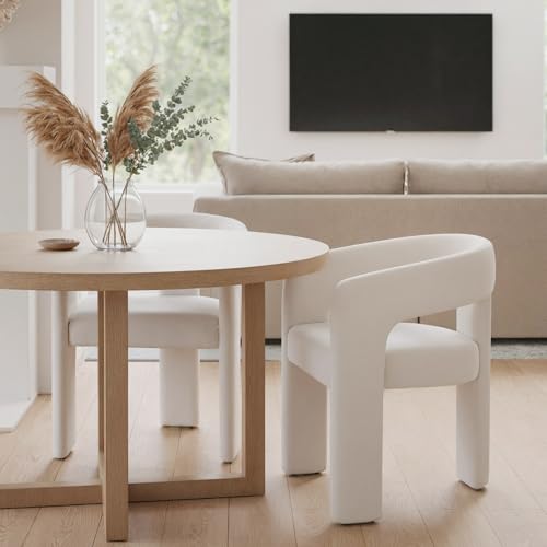 Image of HNY Modern Barrel Kitchen & Dining Room Chair, Velvet Upholstered Accent Chair with Arm, 18.5'' Wide Side Armchair Vanity Chair for Living Room Bedroom Makeup Small Spaces, Ivory