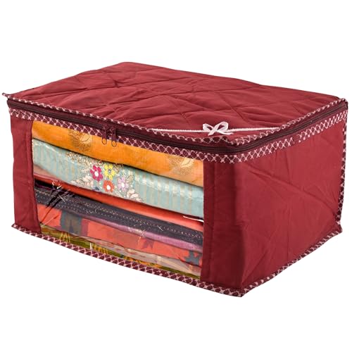 Image of Kuber Industries Saree Cover | Clothes Storage Bag | Wardrobe Organiser for Suit | Zip Closure & Transparent Window Saree Cover | Bow Dot Border-Design | 9 inch | Pack of 3 | Maroon