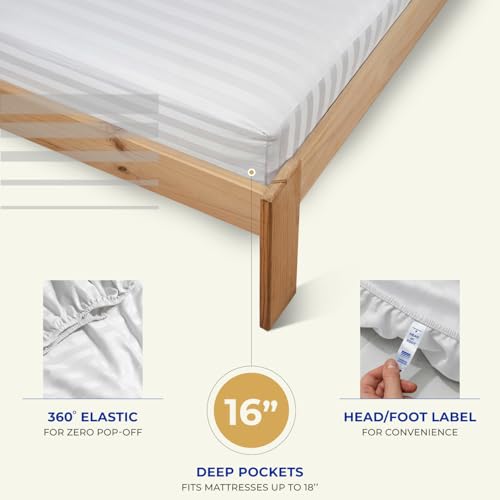 Image of THREAD SPREAD California King Bed Sheets, Luxury 1000 Series Paradise Collection 100% Egyptian Cotton Damask Striped Cal King Sheets Set (4 PC, White Stripe), 16 inch Deep Pocket Hotel Sheet Set