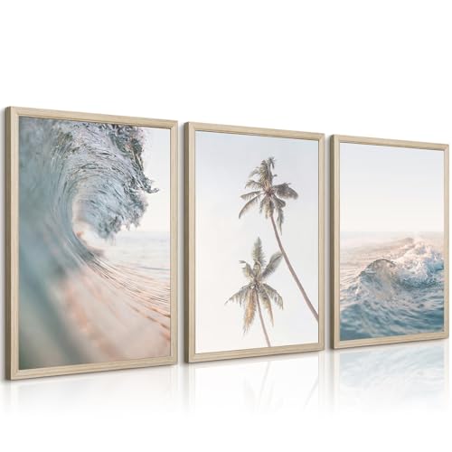 Image of Beach Wall Art Pictures Coastal Canvas Wall Decor Ocean Waves Poster Blue Beach Scene Artwork Palm Tree Art Coastal Landscape Prints for Living Room Bedroom 12x16 Inch Framed Set of 3