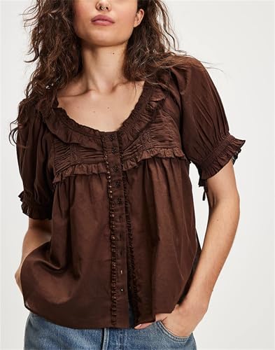 Women Lace Trim Cardigan Shirt Short Sleeve Button Down Ruffle Hem Blouse Summer Boho Tops Y2K Going Out Tops2