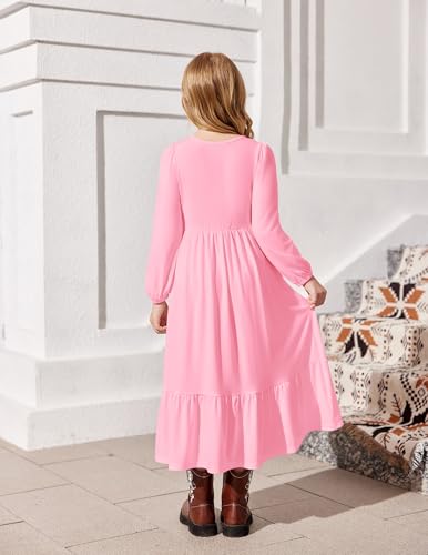 Image of Arshiner Girls Maxi Dresses Lantern Long Sleeve Casual Holiday Dress with Pockets for 5-14 Y